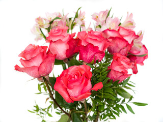 Bouquet of scarlet Roses and Alstroemeria on a white background 