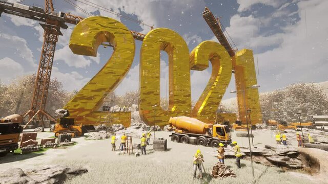 yellow 2021 construction 3d Rendering workers and heavy duty equipment at sun set new year building small camera move , rain, snow winter yellow colors
