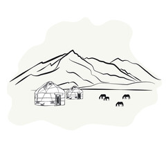 Fototapeta na wymiar silhouette of a mountain yurt and horse on a beige background