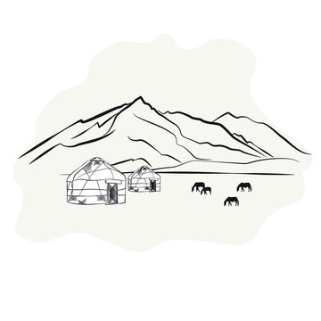 silhouette of a mountain yurt and horse on a beige background