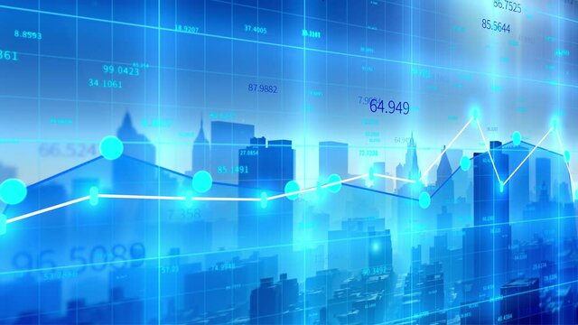 4K financial chart with tech city background;Business tech digital Data trend hud Graph;Changing Economic node line;Digital Tableau of Stock Market Values.