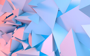 Abstract background with 3D shapes flying in pink and blue light as a messy array or chaotic structure for any pastel backdrop. 3D illustration