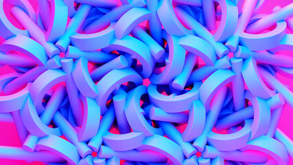 Scientific or technology abstractions with canes, sticks or rods with rings flying in surreal symmetric structure. Abstract background with purple and blue neon tech structure. 3D illustration