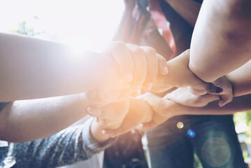 Business group United Hands together Joining teamwork
