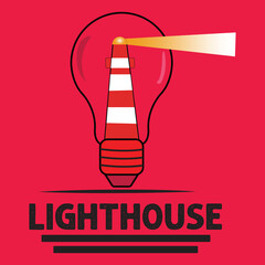 Lighthouse with ocean and Bulb vector logo design
