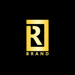 Initial Letter R, Unique Minimal Style golden and black color initial based logo in box