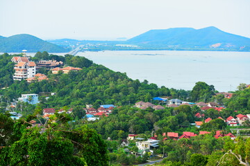 A bird's-eye view of the town and the fishing community. From the top of the mountain at the highest point of Koh Yor, Songkhla Province, Thailand
