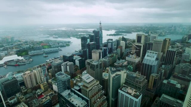 Overlooking Sydney CBD from tall viewing deck on grey sky overcast cloudy day