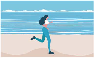 Beautiful woman running on beach. Healthy lifestyle workout vector illustration  