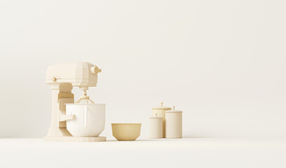 Bowl Lift Stand Mixer on pastel cream and beige color. Small Kitchen Electrical Appliances. Health lifestyle, cooking concept. Creative background for product presentation, social media. 3D render