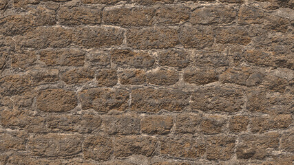 Dirty old brick stone wall facade on ancient temple architecture. Weathered textured brick background. 3D-rendering