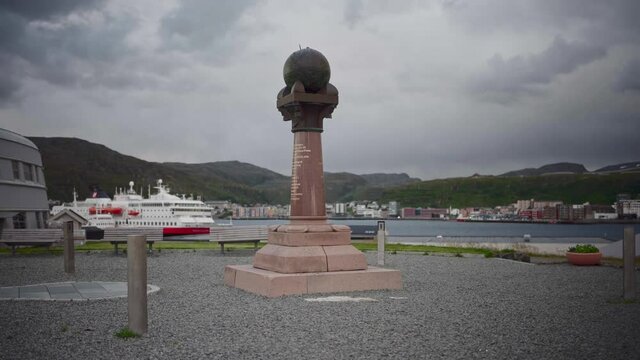 View Of The Struve Geodetic Arc Northernmost Point In Hammerfest, Norway On An Overcast Weather, full shot, static