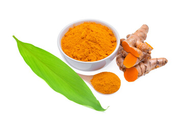 Turmeric roots with turmeric leaf isolated on white background