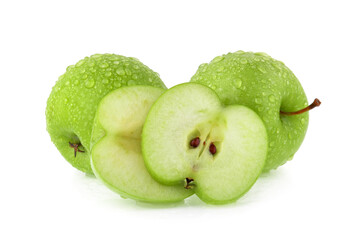 green apple with drop of water isolated on white background.