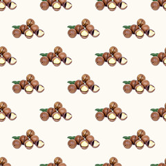 Brown round macadamia nuts seamless pattern on light background.