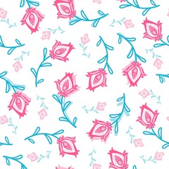 Decorated Pink and Green Colored Floral Vector Seamless Pattern