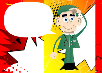 Funny cartoon doctor confused. Vector illustration. Health care worker scraping his head.