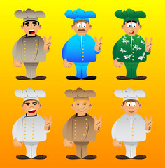 Fat male cartoon chef in uniform showing the V sign, peace sign. Vector illustration.