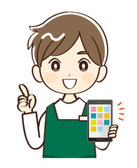 Fototapeta premium 男性、店員、スマホ、説明