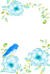 優しいタッチの幸せを運ぶ青い鳥とアネモネとユーカリのフレーム