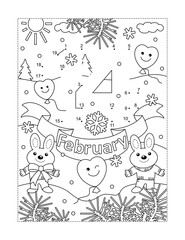 Valentine's Day February 14 heading full page connect the dots puzzle and coloring page 