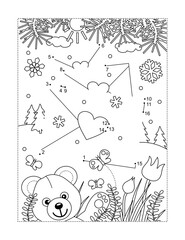 Valentine's Day greeting mail arrives full page connect the dots puzzle and coloring page
