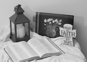 Open Bible with Lantern, Cross and Flower Artwork