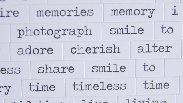 Close up image of multiple words on paper tiles. The words "Adore" and "cherish" are centered.