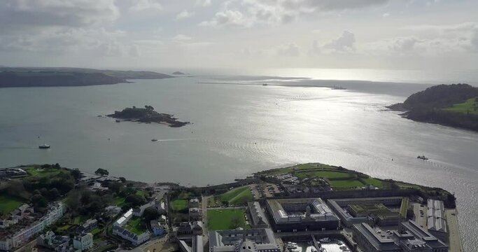 Drone video looking our to sea over Plymouth UK