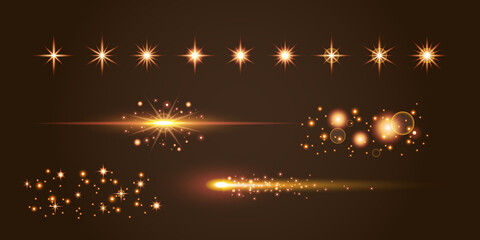 ゴールドの輝く星アイコンと流星、光の帯のベクターイラスト