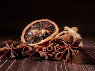 christmas mulled wine, a set of spices and fruits for mulled wine