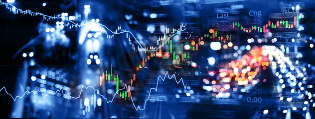 index number graph line of trade stock market and index number on blue glow blur city light banner...