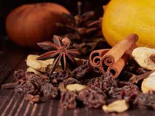 christmas mulled wine, a set of spices and fruits for mulled wine