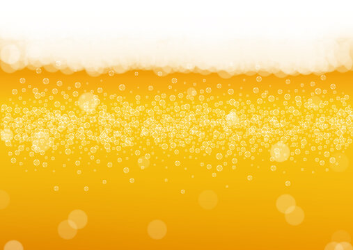 Craft beer background. Lager splash. Oktoberfest foam. Festive pint of ale with realistic white bubbles. Cool liquid drink for pab menu concept. Yellow bottle with craft beer background.