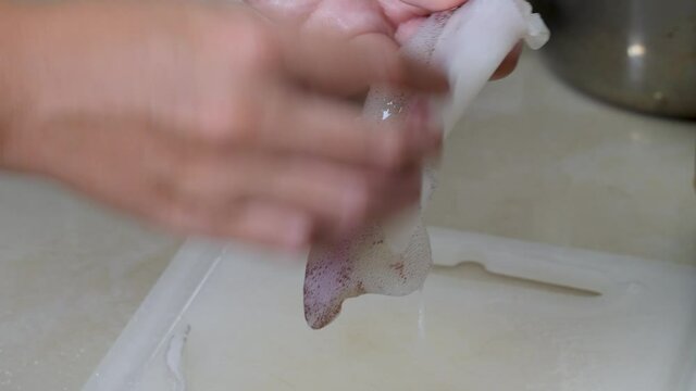 Cooking fresh raw squid. Cuttlefish on home kitchen board