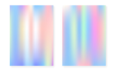 Hologram gradient background set with holographic cover. 90s, 80s retro style. Iridescent graphic template for brochure, banner, wallpaper, mobile screen. Creative minimal hologram gradient.