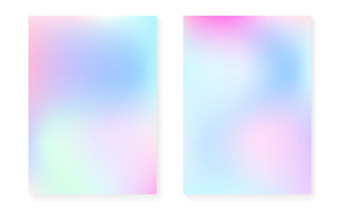 Hologram gradient background set with holographic cover. 90s, 80s retro style. Iridescent graphic template for placard, presentation, banner, brochure. Fluorescent minimal hologram gradient.