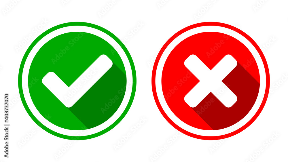 Poster yes and no or right and wrong or approved and declined icons with check mark and x signs with shadow