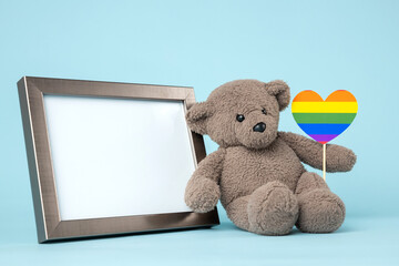 teddy bear and blank photo frame, LGBT valentine's day