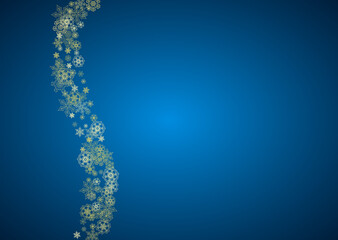 New Year snow on blue background. Gold glitter snowflakes. Christmas and New Year snow falling backdrop. For season sales, special offers, banner, cards, party invite, flyer. Horizontal frosty winter.
