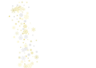 Gold snowflakes frame on white background. New year theme. Horizontal shiny Christmas frame for holiday banner, card, sale, special offer. Falling snow with gold snowflake and glitter for party invite