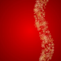 Christmas snowflakes on red background. Glitter frame for seasonal winter banners, gift coupon, voucher, ads, party event. Santa Claus colors with golden Christmas snowflakes. Falling snow for holiday