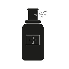 Antibacterial, disinfectant or medicine bottle icon. Medicine and pharmacy concept. Spray icon to protect hands or surfaces from bacteria and viral infections. Vector image. Flat style

