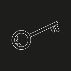 Key icon. Isolated white element on a black background. Lock opening or closing symbol. An element of protection or security. For the design of web pages or shops. Vector image. Flat style.

