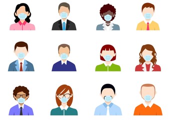 Men and Women Avatar wearing Face Mask Flat Icon Set on White Background. Vector Stock Illustration. stock illustration stock illustration
