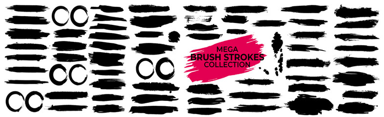 Mega bundle collection of different ink brush strokes: freehand drawings.Ink splatters,grungy painted lines,artistic design elements,Vector paintbrush set