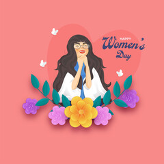 Happy Women's Day Concept With Cheerful Young Girl Character, Flowers, Leaves, Paper Butterflies On Red Background.