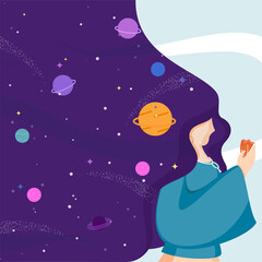Female Character With Flowing Hair And Outer Space Or Dream Universe Background.