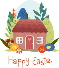 Easter card with a cute house in flowers. Vector Easter illustration hand-drawn in cartoon style.