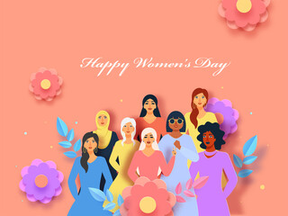 Illustration Of Different Religion Female Group With Paper Flowers, Leaves On Peach Background For Happy Women's Day Concept.